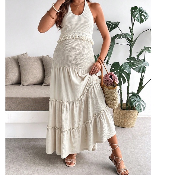 Maternity Knit Cropped Halter Top Stretchy Waist Maxi Skirt Set - Picture 2 of 6